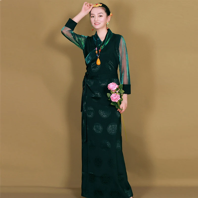 Asia ethnic costume Woman Oriental Fashion summer long dress tibet Clothing yarn sleeve Party gown Retro Cosplay Outfits
