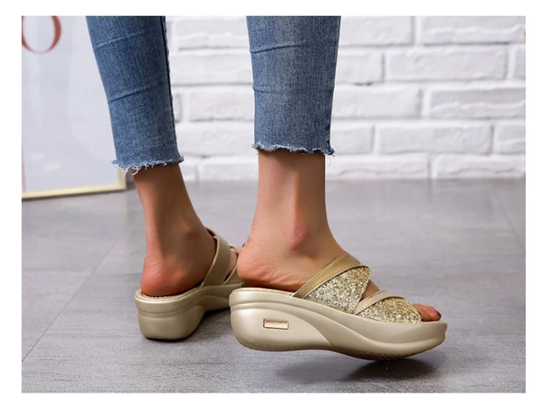 

Women Summer Slippers Ladies Glitter PU Wedges Shoes Female Casual Slingbacks Sandals Comfortable Platform Woman Slipper Women