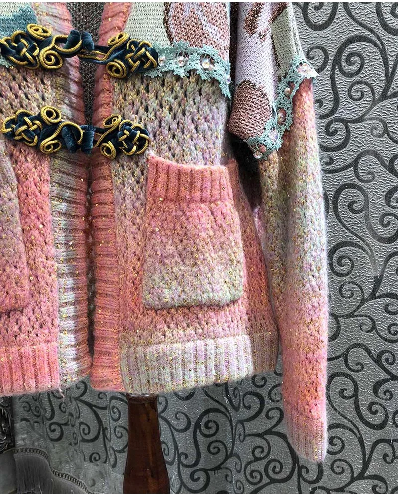 

Autumn Winter 2021 Fashion Cardigan Jackets High Quality Women Wool Knitting Pocket Patchwork Casual Knitted Cardigan Tops Coat