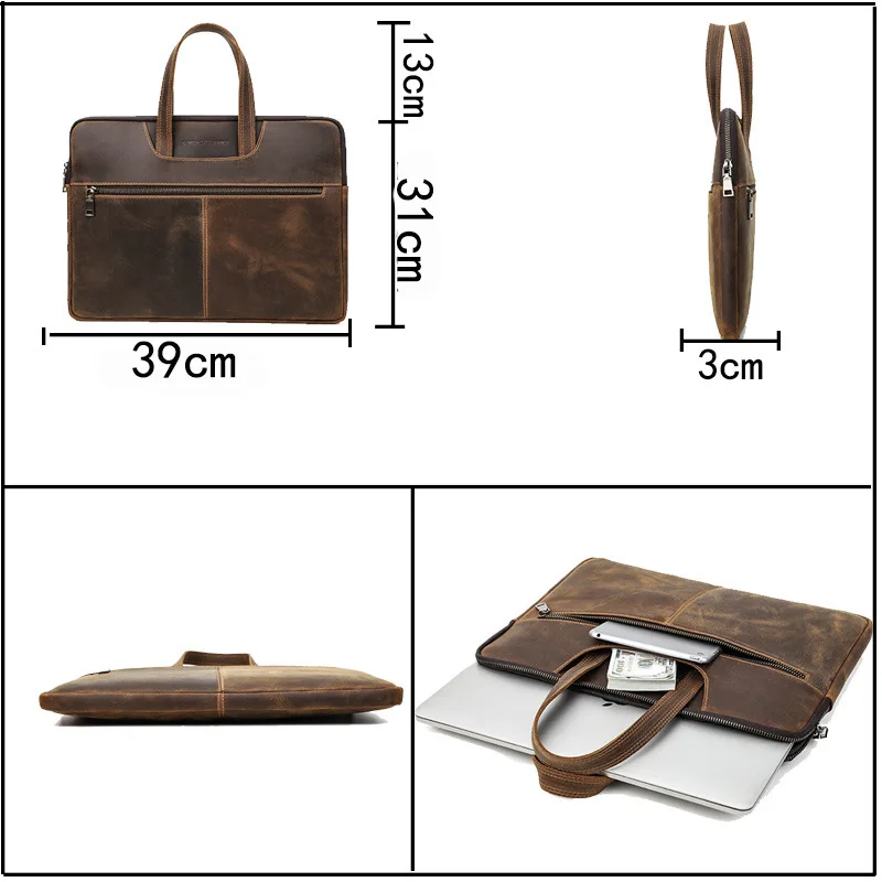15'' Laptop Bag Men's Briefcase Office for Document Shoulder Bag Retro Crossbody Handbag High Quality Real Leather Man Messenger