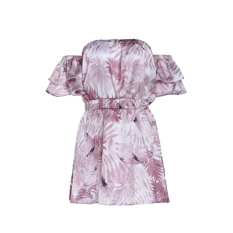 

2021 Floral Print Strapless Women Dress Sexy Low Cut Short Ruffles Sleeve Casual A Line Bodycon Slim Mini Lady Vestidos