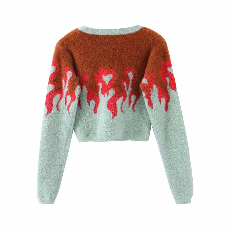 LUNDUNSHIJIA Women Sweaters Vintage Flame Faux Marten Hair Knitting Pullovers 2019 Autumn Long Sleeve Short Slim Female Sweater | Женская