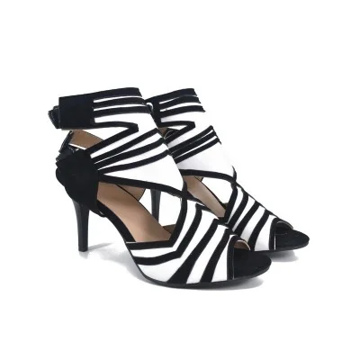 

New summer new thin high heel fish mouth sandals black and white stripe side large women's shoes