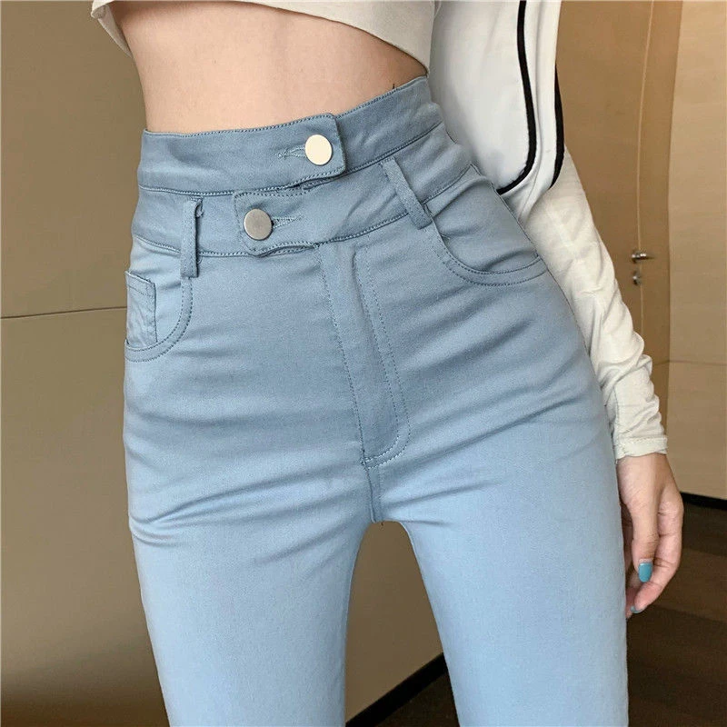 

Узкие джинсы с завышенной талией и двойной пряжкой, женские облегающие однотонные прямые брюки, женские повседневные эластичные черные джи...