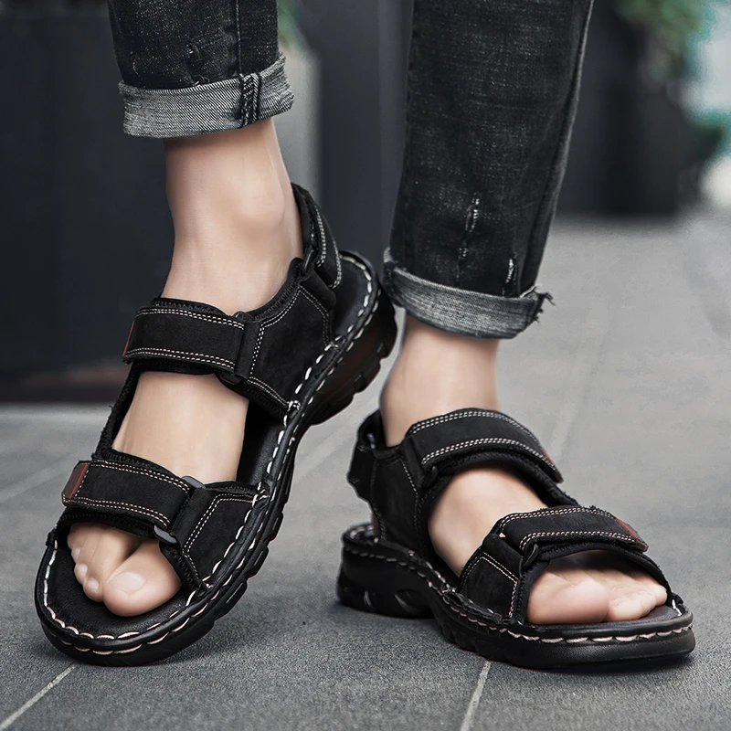 

Men's summer 2021 new high-quality leather sports sandals Velcro thick-soled comfortable sandals outdoor Roman beach sandals