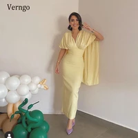 verngo simple lemon yellow silk satin evening party dresses with cape sleeves v neck ankle length dubai women formal prom gown