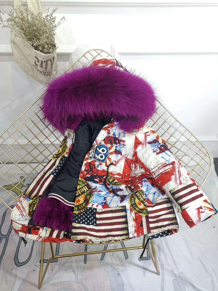 Children Winter Jacket Graffiti Boys Girls Real Fur Coat Thick Warm Rabbit Fur Kids Jacket Coat Furry Natural Fur Collar TZ428
