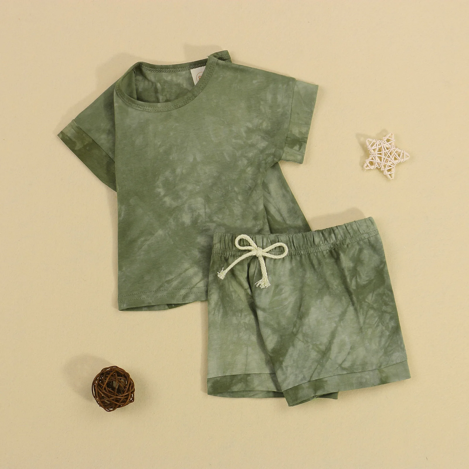 

2021 Kids Suit Set, Summer Tie-Dyed O-Neck Short Sleeve T-Shirt+ Short Pants for Boys, Green/Gray/Blue, 1-5 Years