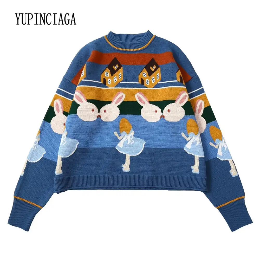 

Женский плотный теплый свитер yupmisaga, Свободный джемпер с мультяшным Кроликом, вязаный жаккардовый пуловер с круглым вырезом и спущенными пл...