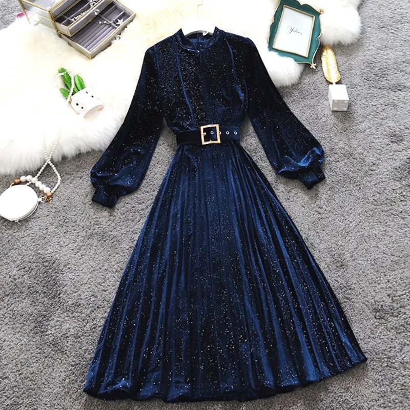 Темно-синие велюр модное женское платье шикарное с длинными рукавами-фонариками