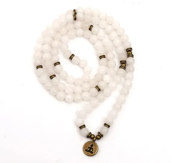 Белый 108 бусин 8 мм Эластичный регулируемый Лотос Дерево жизни Будда OM eye чакра