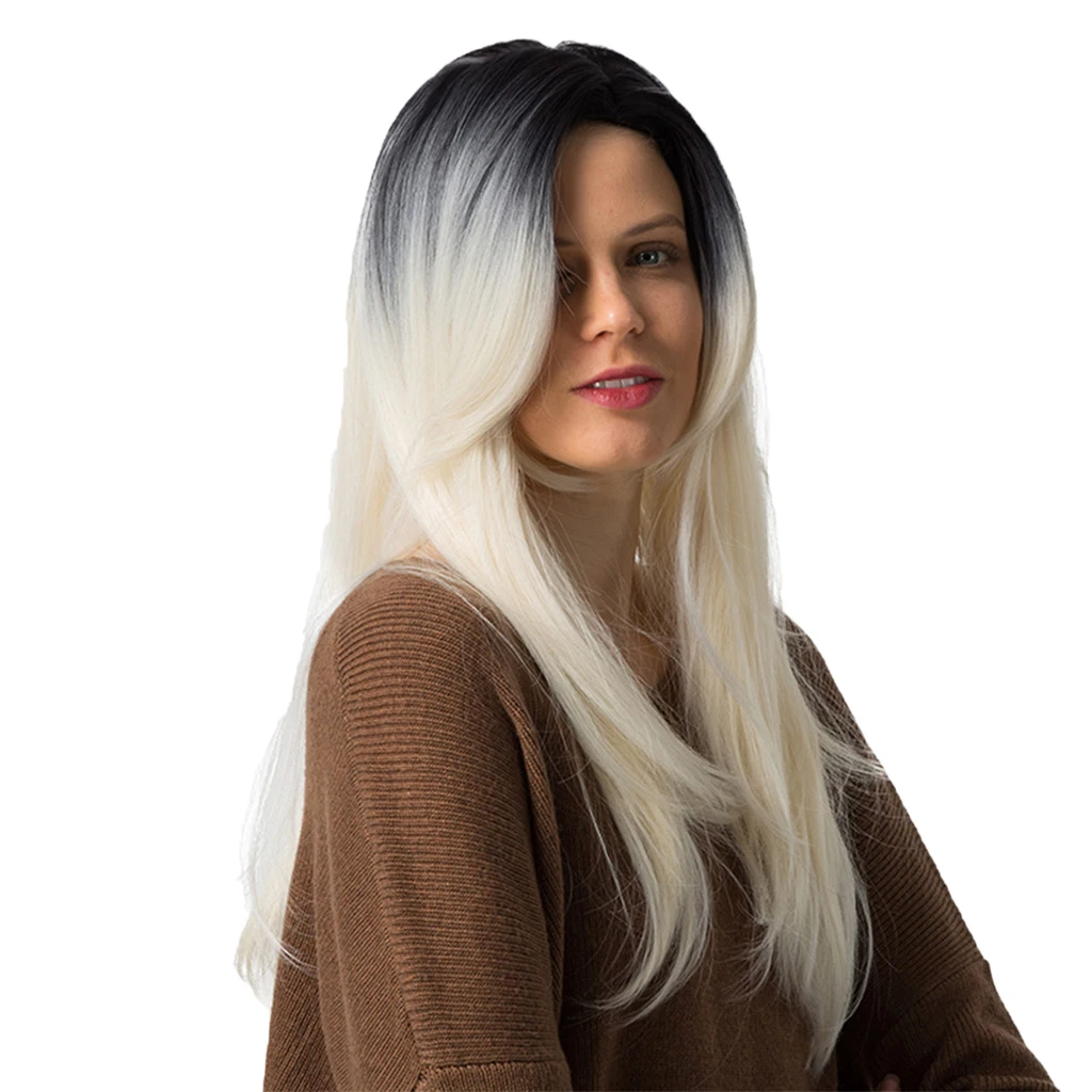 

Gradient Color 24" Women Side Part Long Straight Synthetic Hair Wigs w/Bangs