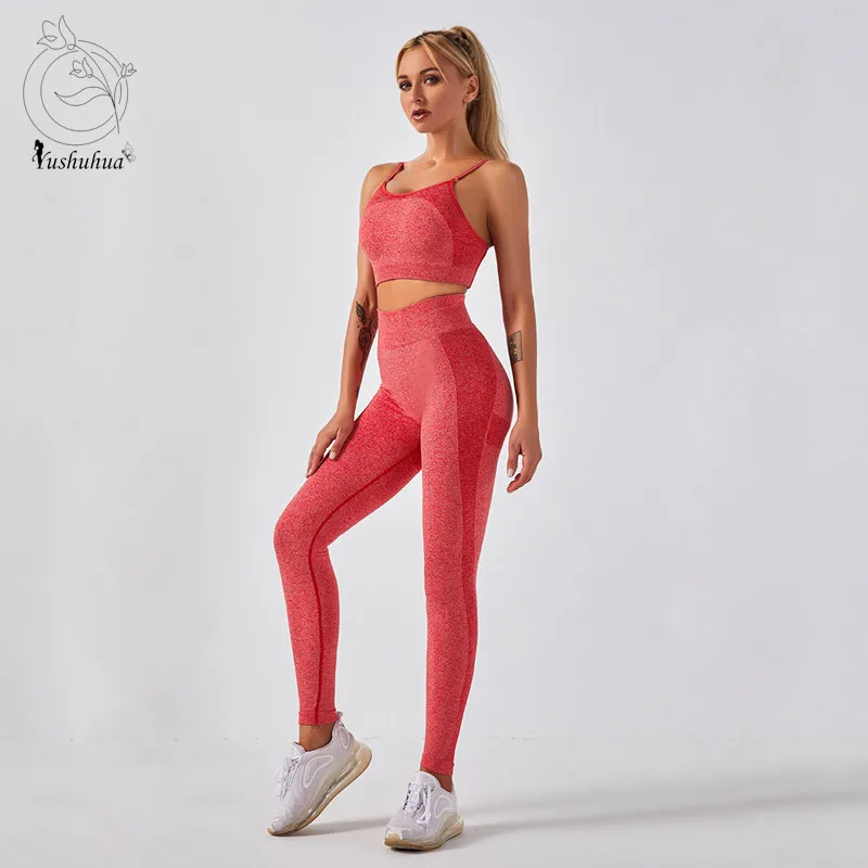 

Yushuhua вязаный спортивный бесшовный комплект для йоги из 2 предметов, женский спортивный бюстгальтер, леггинсы для фитнеса, одежда для спортз...