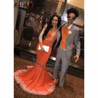 Женское вечернее платье-русалка, оранжевое кружевное платье с длинным рукавом и аппликацией, вечерние шлейфом, для выпускного вечера