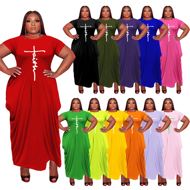 

Women Faith Letter Print Short Sleeve Dress Summer Plus Size Loose Maxi Dresses 5XL Round Neck Pockets Casual Fashion vestidos