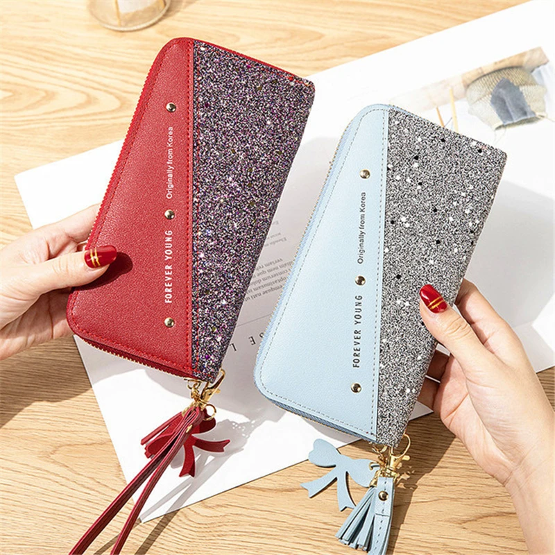 patchwork diamonds pu leather forever young wallet fashionable large capacity zippered ladies purse free global shipping