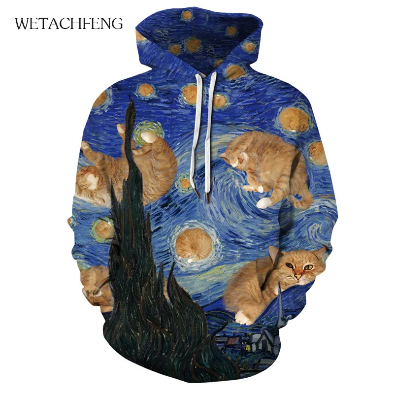 Толстовка с принтом Ван Гога милый кот звездное небо женская мужская толстовка