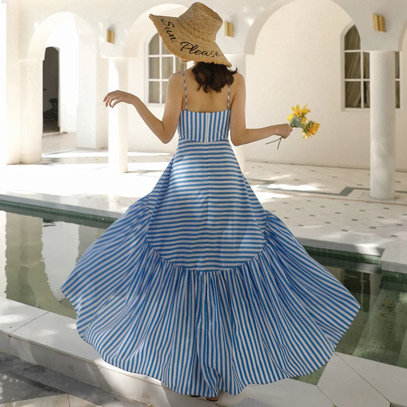 

Summer Women's Striped Beach Dress Sexy Backless Irregular V-neck Strap Dress Holiday Vestidos