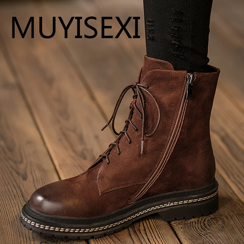 

Retro natural genuine leather 3cm low heeled dermis zipper comfortable winter women brand ankle boots DSHL04 MUYISEXI
