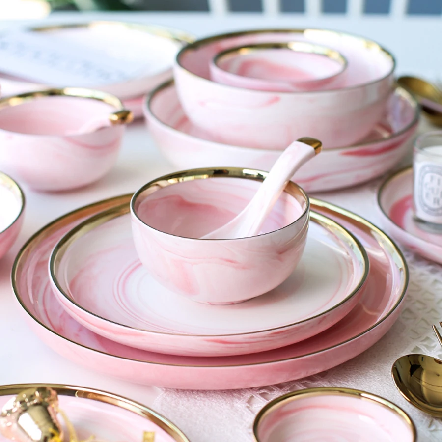 

Luxury Dinner Plates Modern Bowl Gold Rim Ceramic Wedding Serving Tray Nordic Food Pink Salad Vajilla Platos Tableware ZZ50ZP