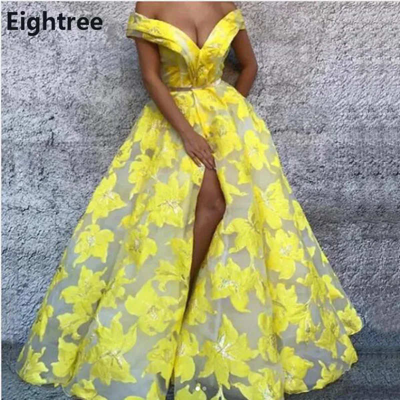 

Eightree Asymmetrical Arabic Dubai Lace Prom Dresses Sexy Split Flowers Long Sleeves Evening Dress Formal Party Gowns 2021