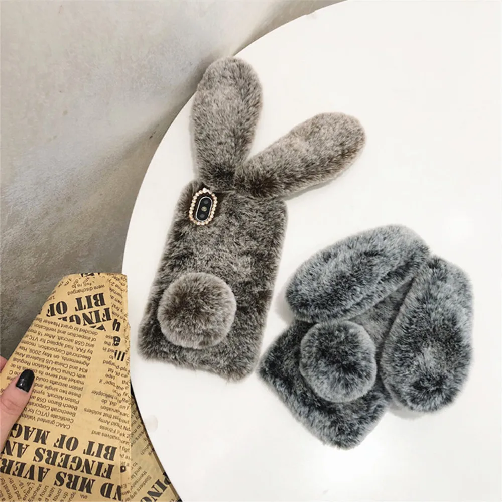 Заячьи ушки с кроличьим мехом пушистая кристально прозрачный мягкий чехол для