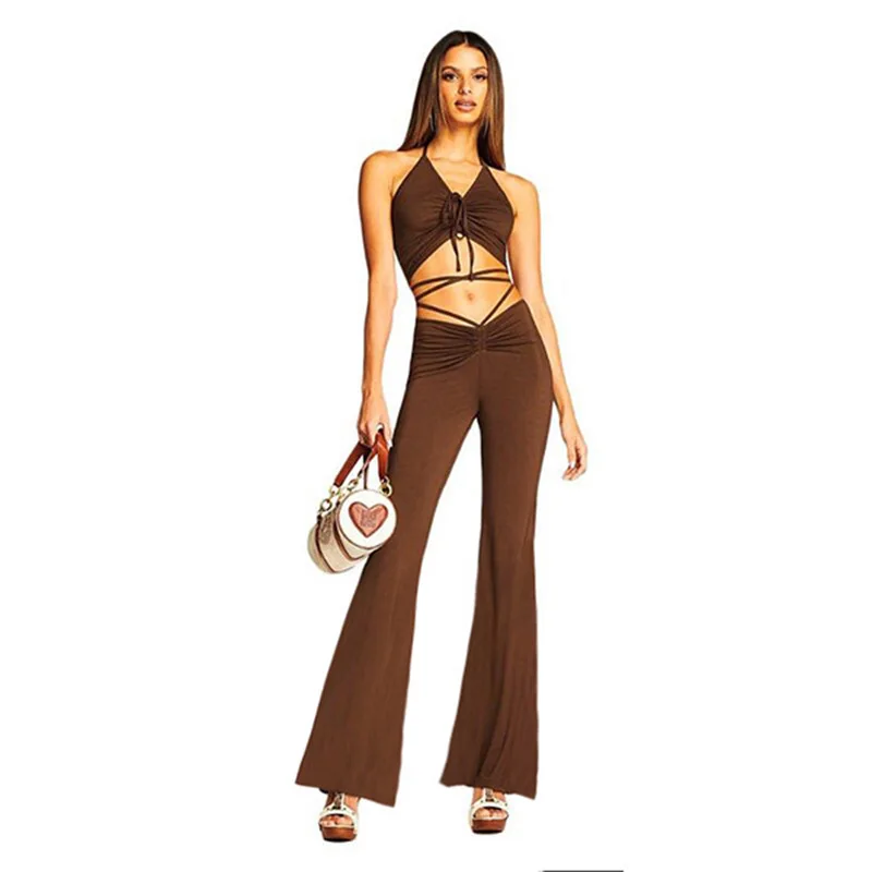 

2021 summer new casual suit short lace-up hanging neck sling horn yoga trousers two-piece women's clothing