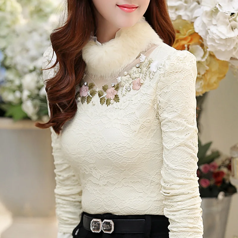 2020 Autumn Winter Women Plus Velvet Thick Bottomed Shirt Female High necked Lace Tops Long Sleeved Warm Blouses Plus Size 3XL
