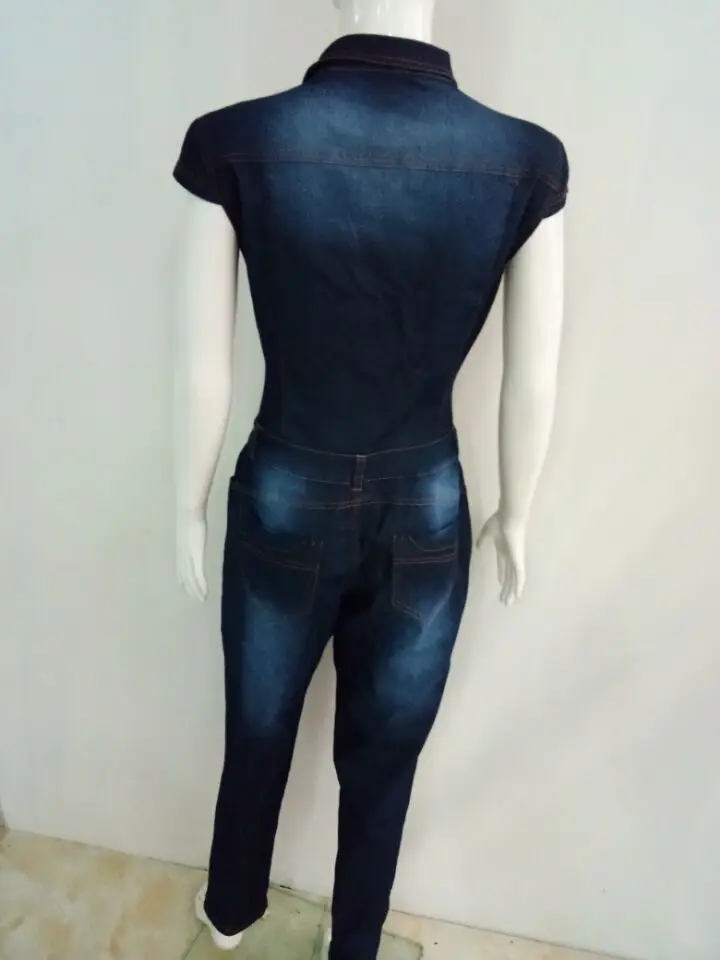 

Button Up Casual Demin Jumpsuit For Women Turn Down Collar Short Sleeve Long Bodysuit Summer Pockets Splice Fashion RomperJLX929