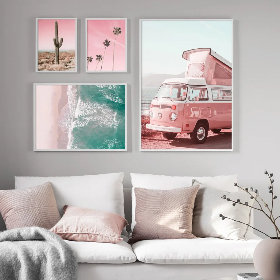 Настенная картина Розовое Небо пляж море кактус автомобиль пейзаж скандинавские