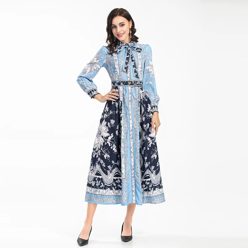 

MIUXIMAO 2021 New Autumn Women's Clothing Bow Long Sleeve Printing Slim Waist Belt Dress Fashion Elegant Office Style