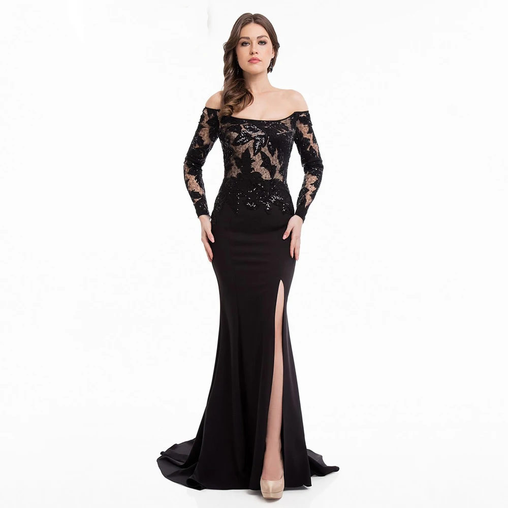 

High Quality Off-The-Shoulder Black Evening Dresses Side Slit Floor-Length Sheath Applique Sequined Full Sleeve Prom Gowns 2021