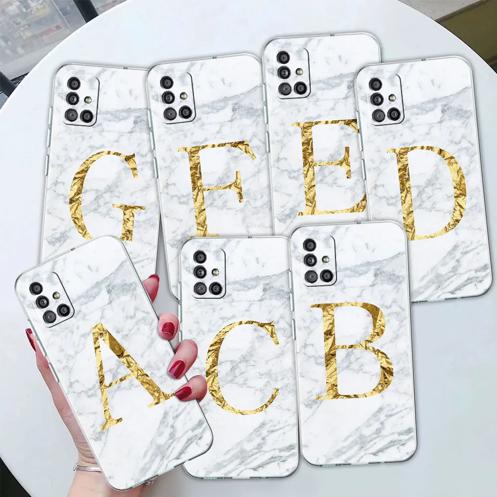 

Letter A B C D white marble Transparent Case For Samsung Galaxy A51 A71 A21s A31 A12 A32 5G A21 EU A52 4G A41 A11 A22 Phone Capa