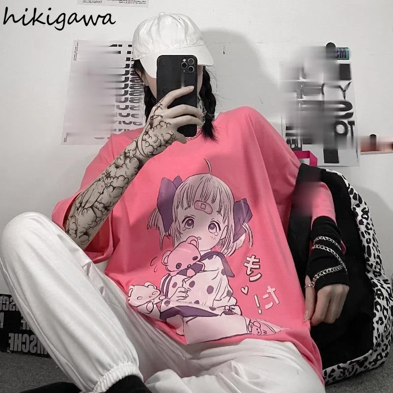 

Hikigawa 2021 Tops for Ladies O-neck Cartoon Print T Shirts Japanese Kawaii T-shirts Short Sleeve Sweet Fashion Women's Tshirts