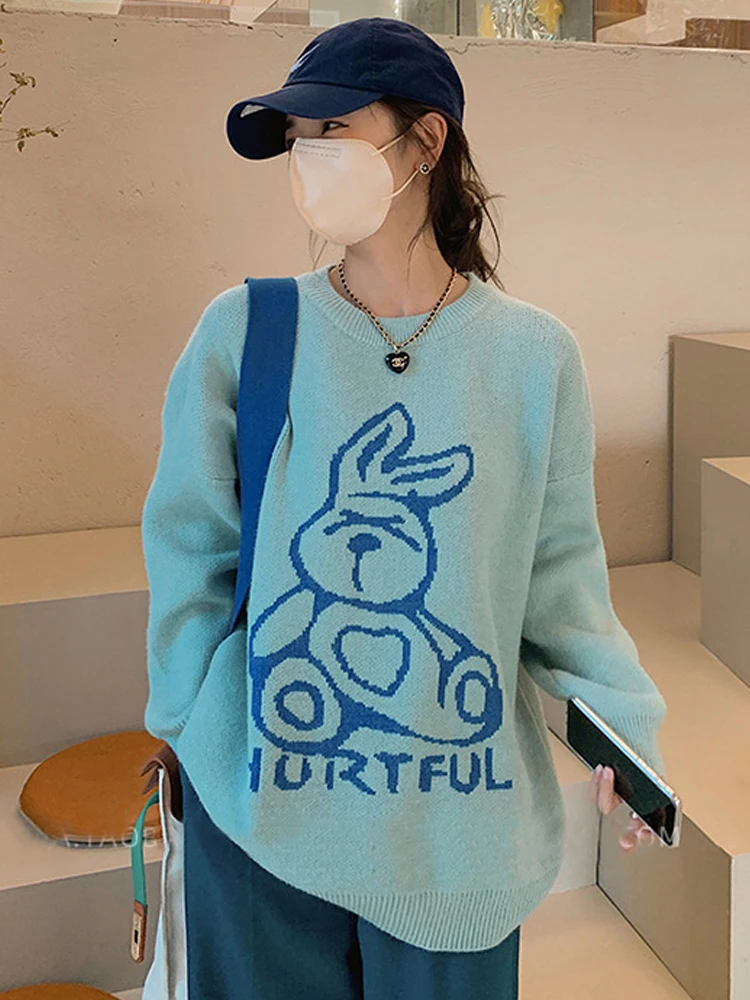 

Женский трикотажный свитер TIGENA, Свободный пуловер с длинным рукавом и японским мультяшным принтом, джемпер в Корейском стиле, Осень-зима 2021