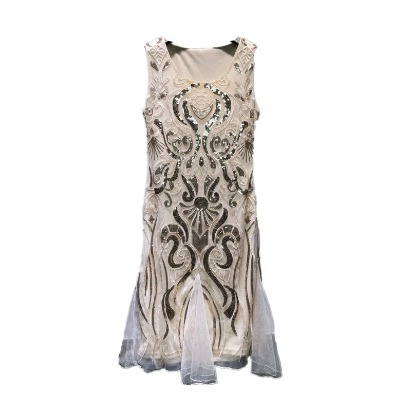 

Vintage Sequined Gauze Geometric Embroidery Floral Sleeveless O-neck Black Beige Pink Summer Party Cocktail Dresses 97109
