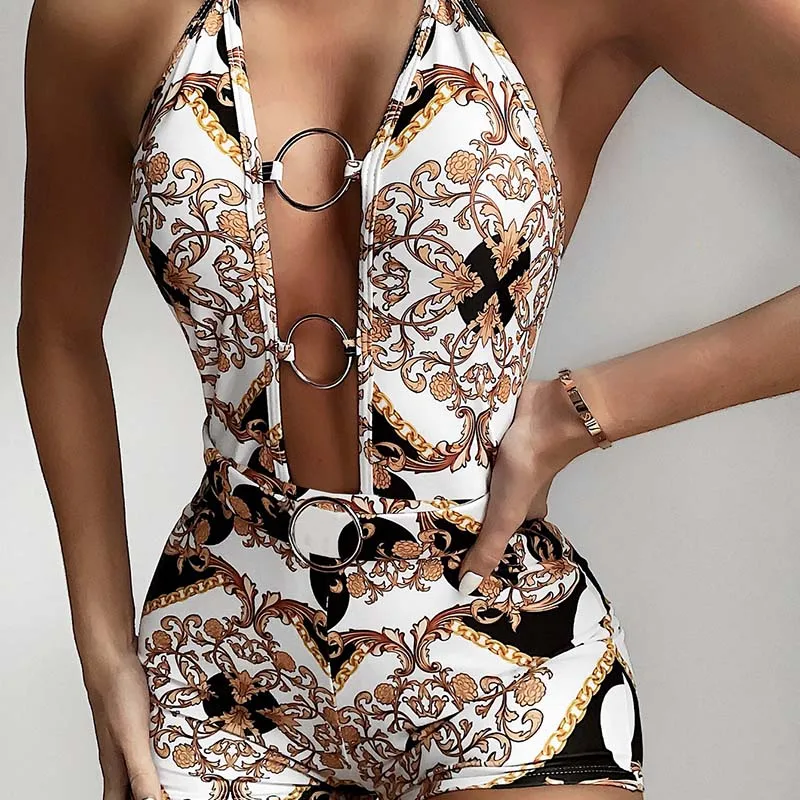

2020 Print One Piece Halter Swimsuit Bodysuit Female String Monokini Sexy Hollow Out Bandage Swimwear Women Strappy Bathing Suit