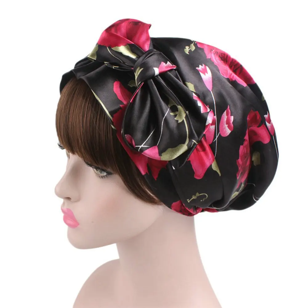 Black flower Женская Мягкая Шелковая Атласная шапочка, шапочка для салона, ночная шапочка для натуральных вьющихся волос, шапка для ночного сна, косички, накидка на голову - Цвет: Black flower
