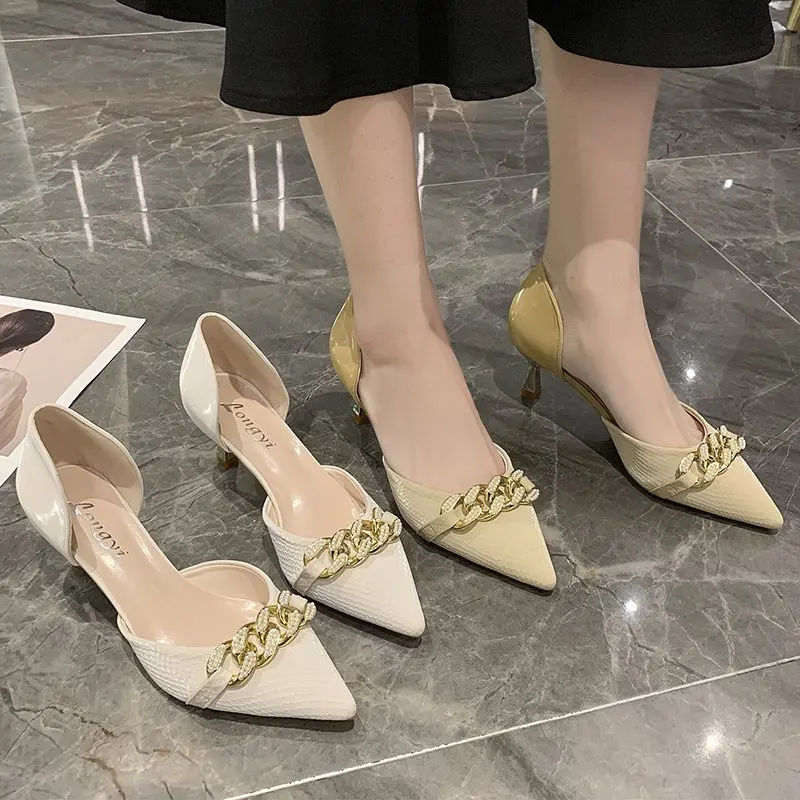 

Beige Heeled Sandals Comfort Shoes for Women All-Match Shallow Mouth Black Closed Elastic Band Fashion 2021 Stiletto High Girls