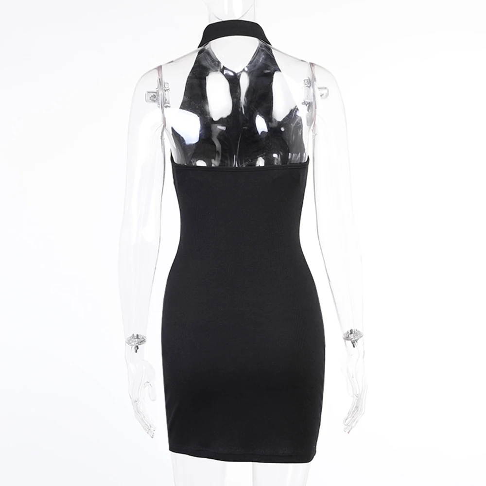 

Missme 2021 Black Dress Backless Ruched Mini Bodycon Dress Halter Sleeveless Button Up Sexy Party Dresses Streetwear