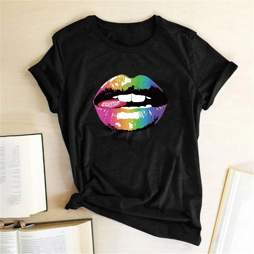 

New Funny 2021 Tops Women T-shirt Summer Tees Sexy Colored Lips Print Painted T Shirt Cotton Short Sleeve Round Neck T shirt