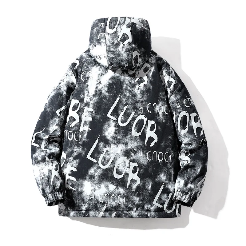 Men's Fashion Fluorescent Letters Print Hooded Cotton Jacket  New Youth Large Size Workwear Jacket Men Winter Coats Streetwear