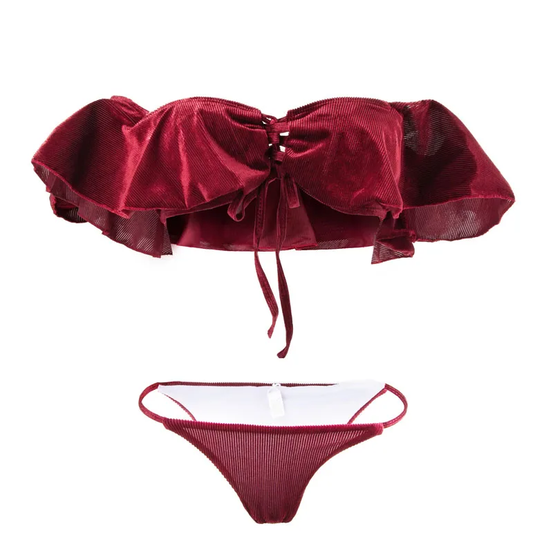

SAY MORNING NEW Off Shoulder Swimming suit Bikini Female Swimsuit Velvet Swimsuit Female High Waist Bikini Set