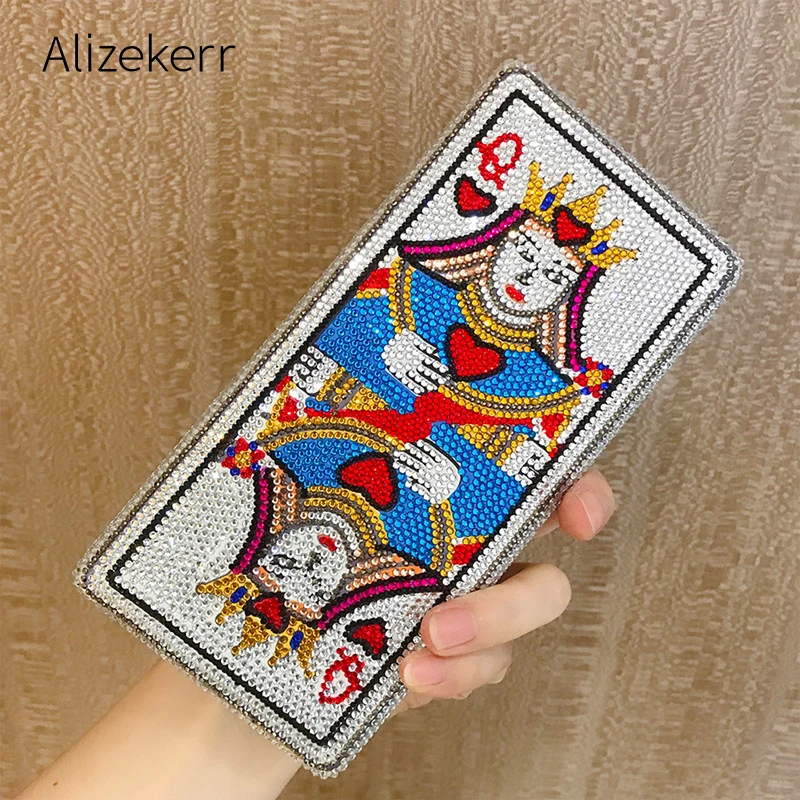 

Poker Hearts Q Diamond Evening Clutch Bag Women Designer Color Rhinestones Banquet Small Square Purse Ladies Creative Handbag