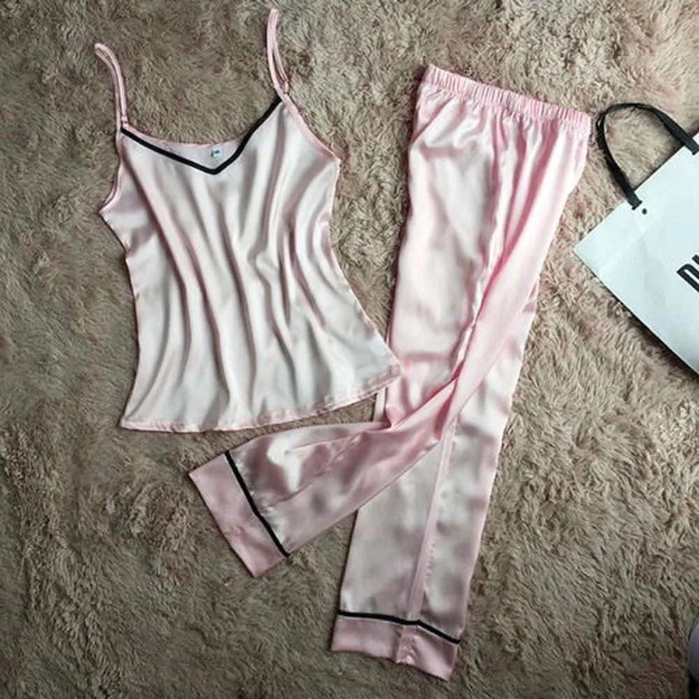 Женская шелковая атласная пижама пижамный комплект на бретельках Женский для