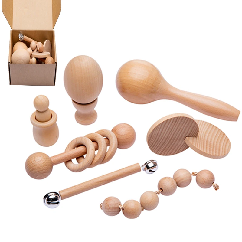 

Baby Montessori Toys Music Rattles Beech Wooden Teether Toys Hand Catching Ball Cognition Early Educational Gift Set for Newborn