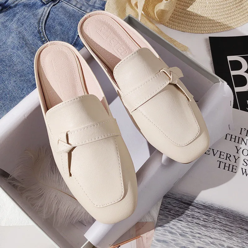 

Шлепанцы женские на низком каблуке, кожаные сандалии, модная дизайнерская обувь, без задника, сланцы, брендовые тапочки, лето