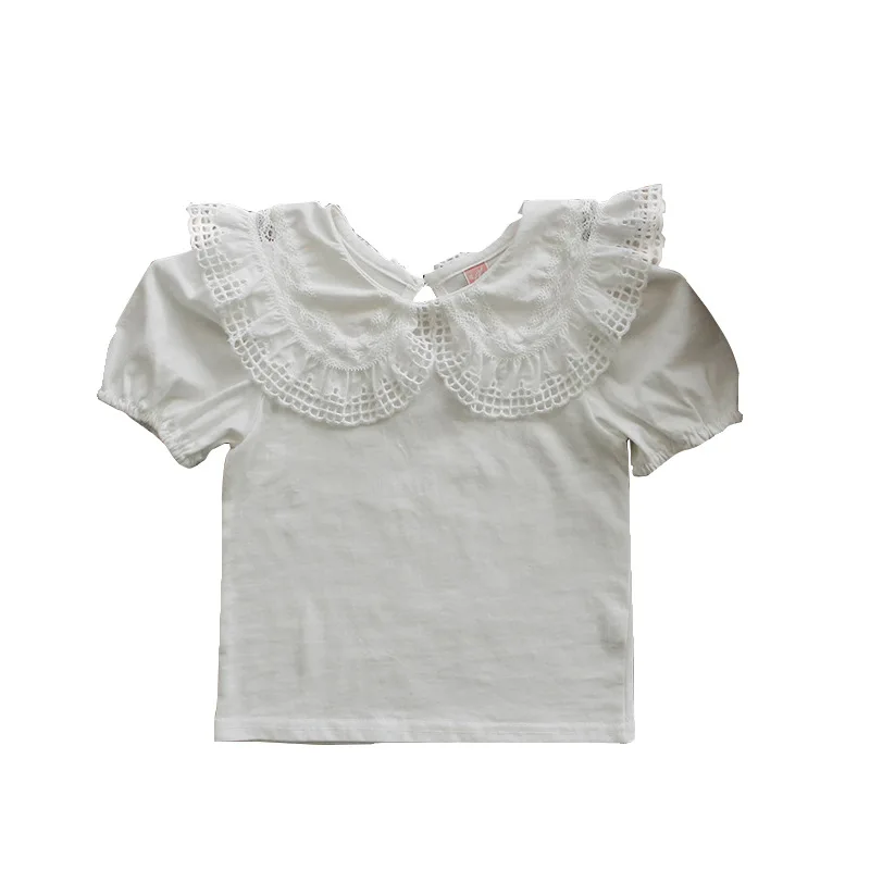 

Summer Girls Short Sleeve T-shirt 2021 New Toddler Girls Lace Collar Ladies Comfortable Cotton Bubble Sleeve T-shirt