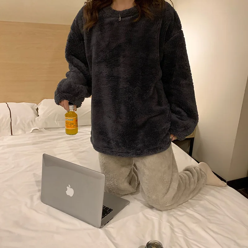 Women'S New Autumn And Winter Coral Fleece Plus Velvet Thickening Flannel Long-Sleeved Ins  Pajamas Nightgown Suit