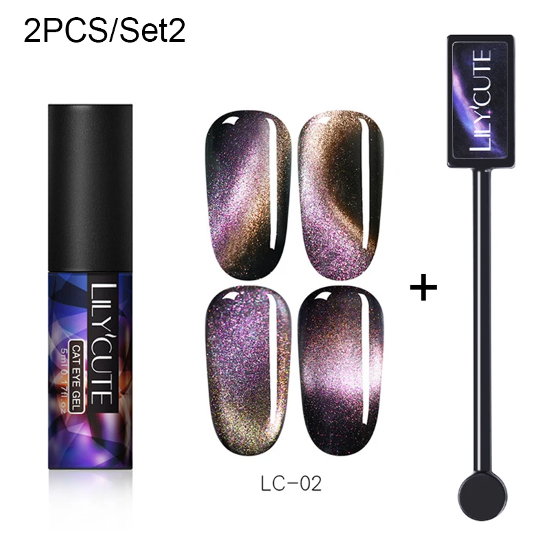 2 PCS 8 LILYCUTE, 5 мл, 9D, Auroras, магнитный гель кошачий глаз, набор, долговечный Блестящий лазер для ногтей, художественный Гель-лак для ногтей, впитывающий УФ-Гель-лак - Цвет: 2 PCS 8